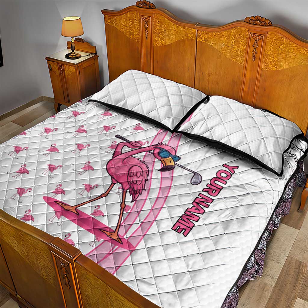 Personalized Pink Flamingo Playing Golf Quilt Bed Set Sunglasses and White Pattern Background Design - Wonder Print Shop