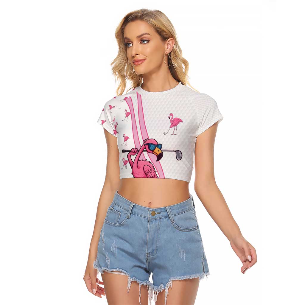 Personalized Pink Flamingo Playing Golf Raglan Cropped T Shirt Sunglasses and White Pattern Background Design - Wonder Print Shop