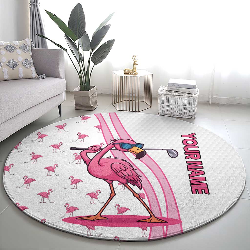 Personalized Pink Flamingo Playing Golf Round Carpet Sunglasses and White Pattern Background Design - Wonder Print Shop