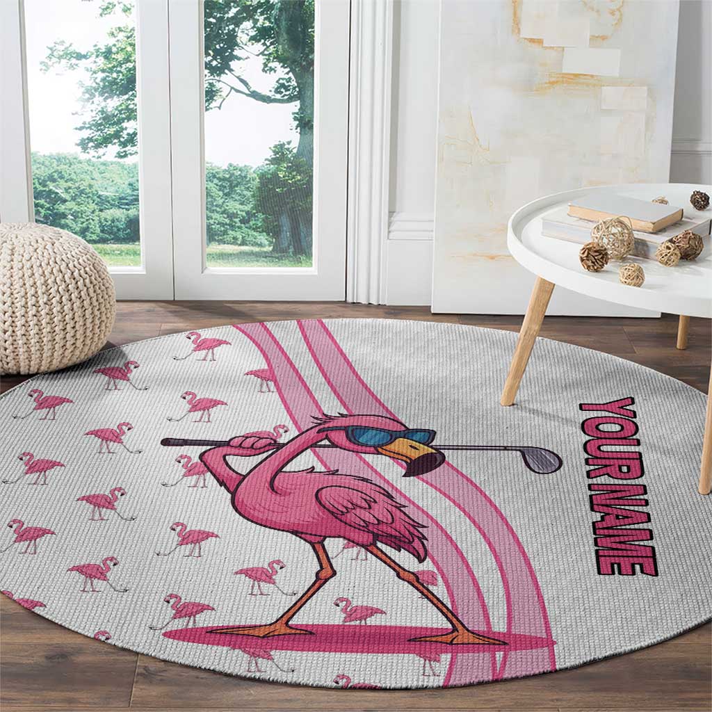 Personalized Pink Flamingo Playing Golf Round Carpet Sunglasses and White Pattern Background Design - Wonder Print Shop