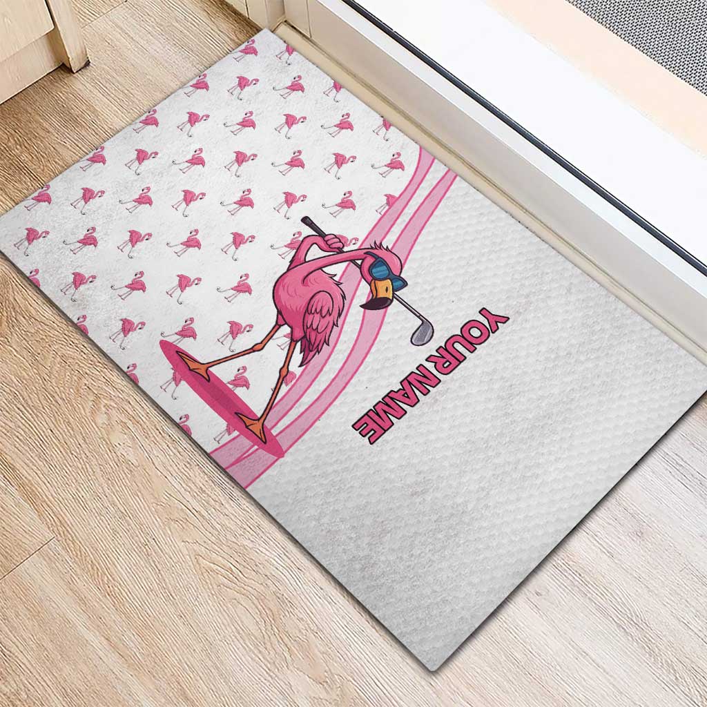Personalized Pink Flamingo Playing Golf Rubber Doormat Sunglasses and White Pattern Background Design - Wonder Print Shop