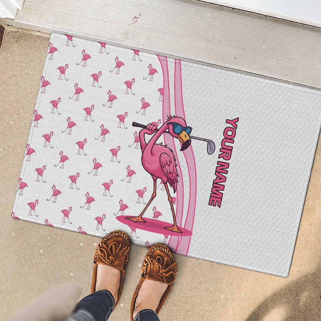 Personalized Pink Flamingo Playing Golf Rubber Doormat Sunglasses and White Pattern Background Design - Wonder Print Shop
