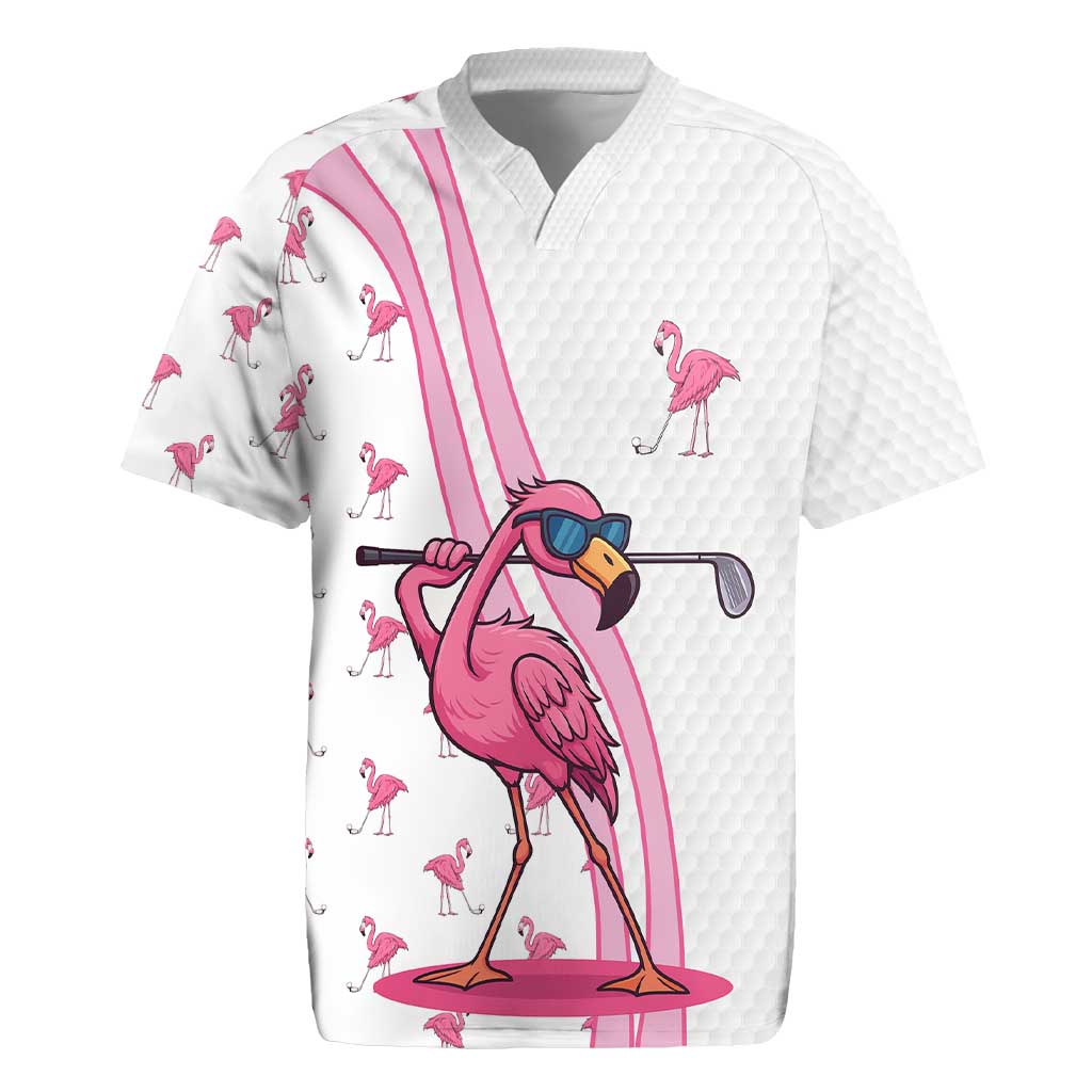 Personalized Pink Flamingo Playing Golf Rugby Jersey Sunglasses and White Pattern Background Design - Wonder Print Shop