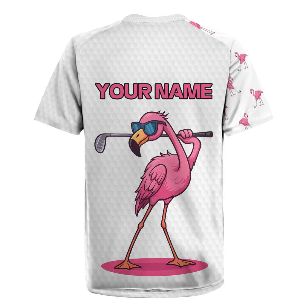 Personalized Pink Flamingo Playing Golf Rugby Jersey Sunglasses and White Pattern Background Design - Wonder Print Shop