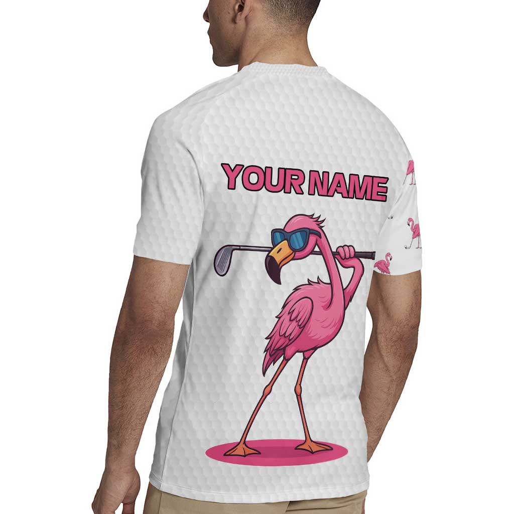 Personalized Pink Flamingo Playing Golf Rugby Jersey Sunglasses and White Pattern Background Design - Wonder Print Shop