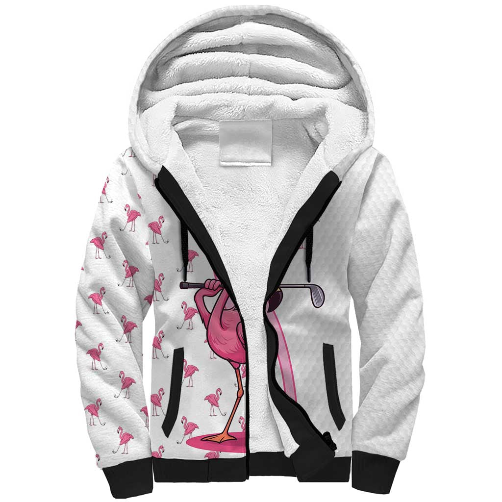 Personalized Pink Flamingo Playing Golf Sherpa Hoodie Sunglasses and White Pattern Background Design - Wonder Print Shop