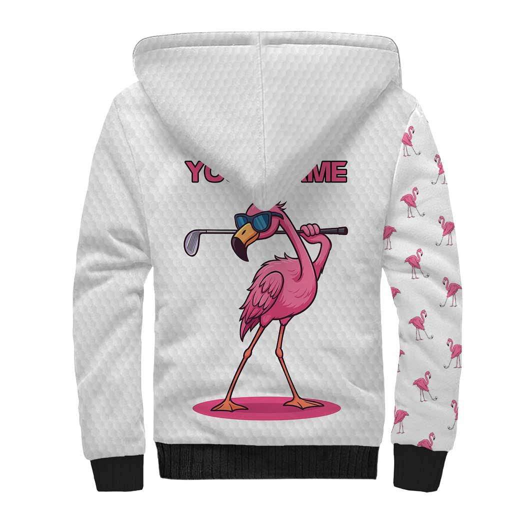 Personalized Pink Flamingo Playing Golf Sherpa Hoodie Sunglasses and White Pattern Background Design - Wonder Print Shop