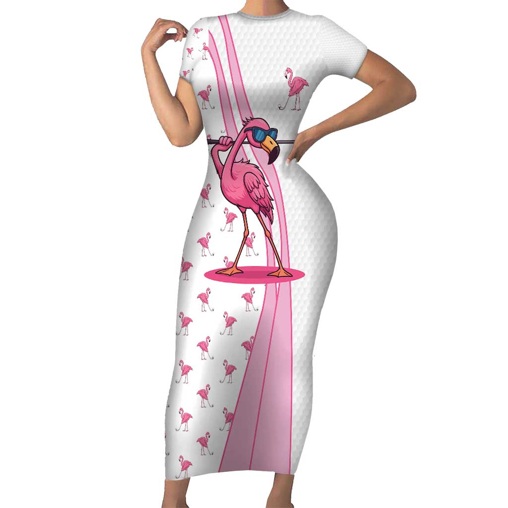 Personalized Pink Flamingo Playing Golf Short Sleeve Bodycon Dress Sunglasses and White Pattern Background Design - Wonder Print Shop