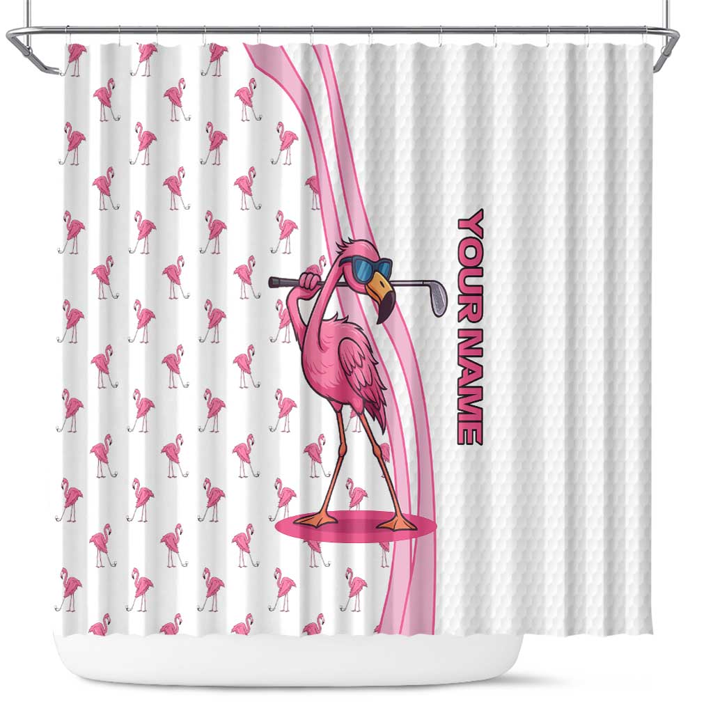 Personalized Pink Flamingo Playing Golf Shower Curtain Sunglasses and White Pattern Background Design - Wonder Print Shop