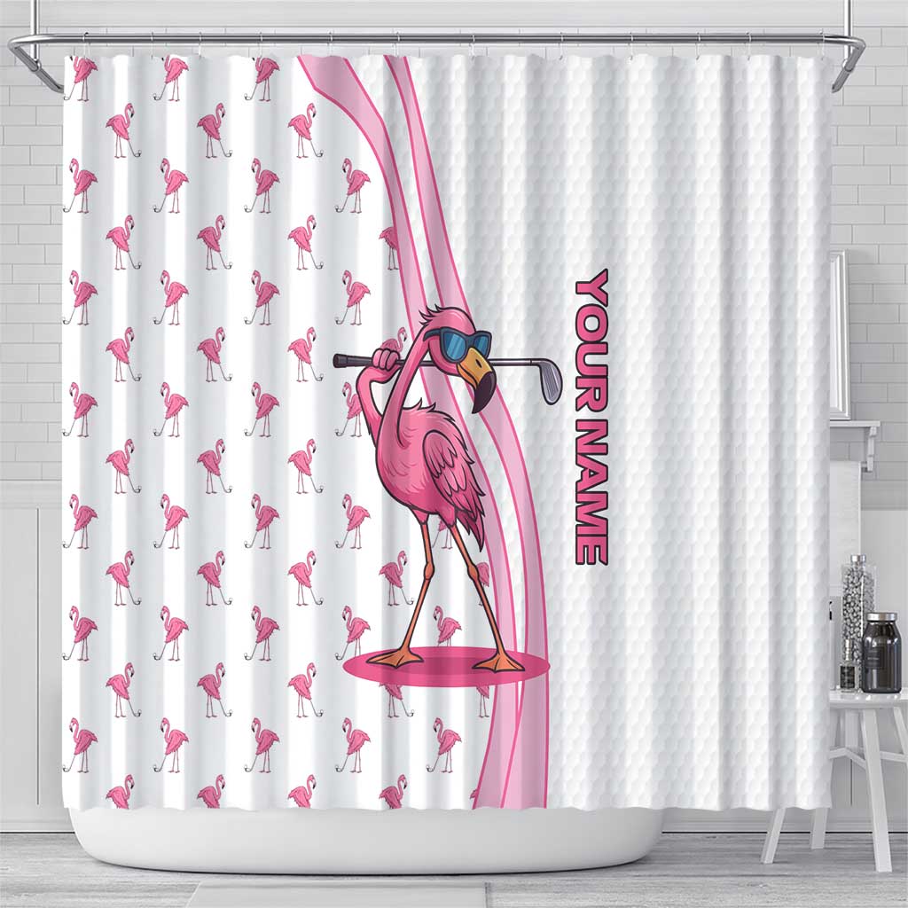 Personalized Pink Flamingo Playing Golf Shower Curtain Sunglasses and White Pattern Background Design - Wonder Print Shop
