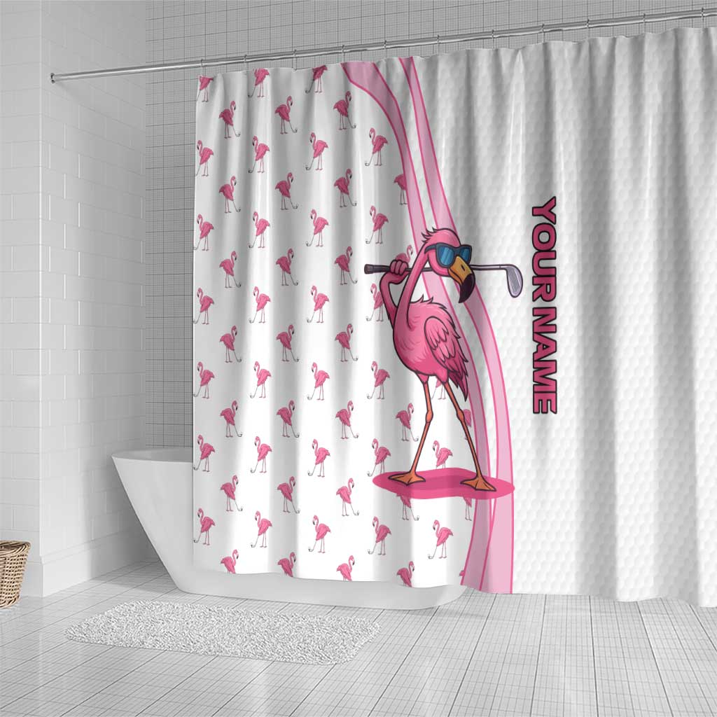 Personalized Pink Flamingo Playing Golf Shower Curtain Sunglasses and White Pattern Background Design - Wonder Print Shop