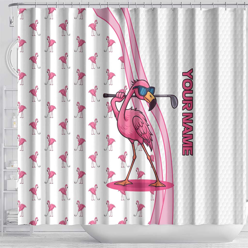 Personalized Pink Flamingo Playing Golf Shower Curtain Sunglasses and White Pattern Background Design - Wonder Print Shop