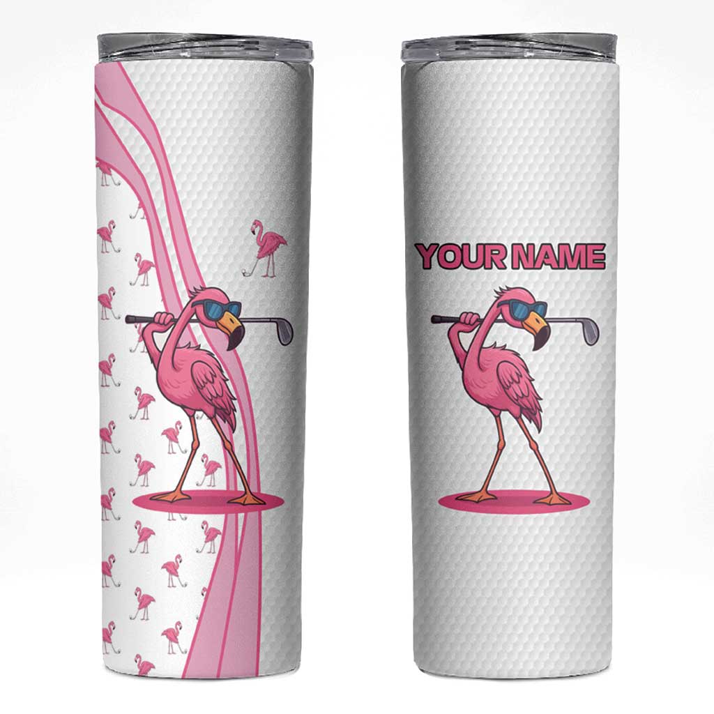 Personalized Pink Flamingo Playing Golf Skinny Tumbler Sunglasses and White Pattern Background Design - Wonder Print Shop