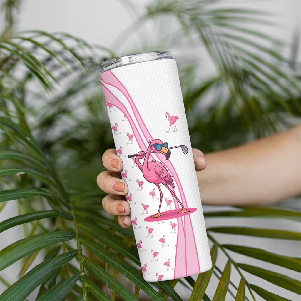 Personalized Pink Flamingo Playing Golf Skinny Tumbler Sunglasses and White Pattern Background Design - Wonder Print Shop
