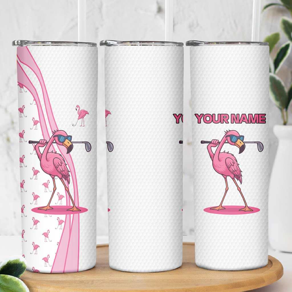 Personalized Pink Flamingo Playing Golf Skinny Tumbler Sunglasses and White Pattern Background Design - Wonder Print Shop
