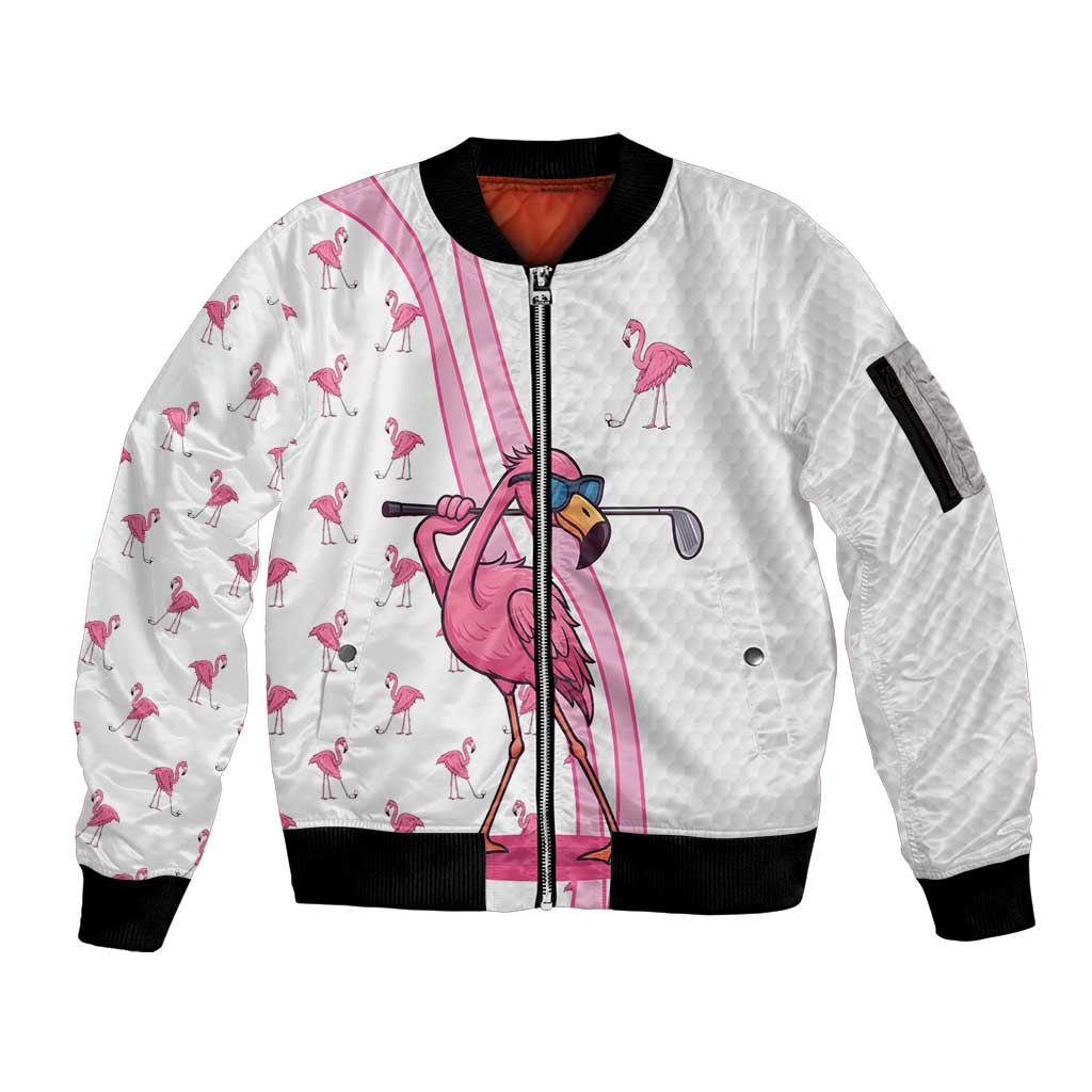 Personalized Pink Flamingo Playing Golf Sleeve Zip Bomber Jacket Sunglasses and White Pattern Background Design - Wonder Print Shop