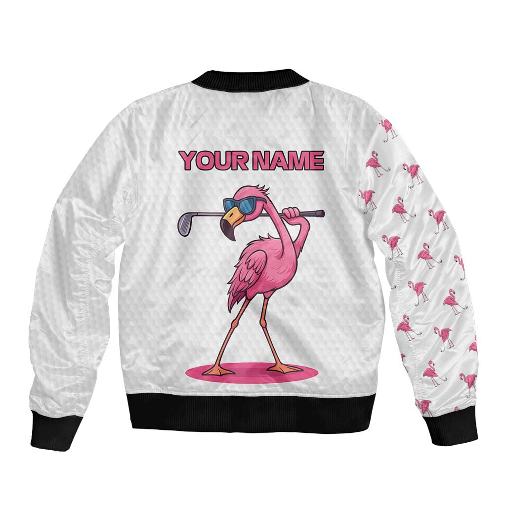 Personalized Pink Flamingo Playing Golf Sleeve Zip Bomber Jacket Sunglasses and White Pattern Background Design - Wonder Print Shop