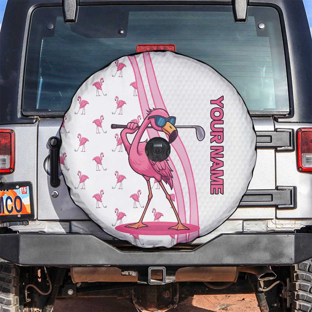 Personalized Pink Flamingo Playing Golf Spare Tire Cover Sunglasses and White Pattern Background Design - Wonder Print Shop