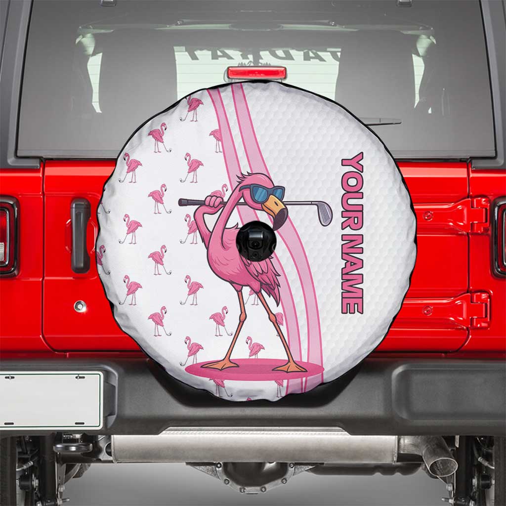 Personalized Pink Flamingo Playing Golf Spare Tire Cover Sunglasses and White Pattern Background Design - Wonder Print Shop