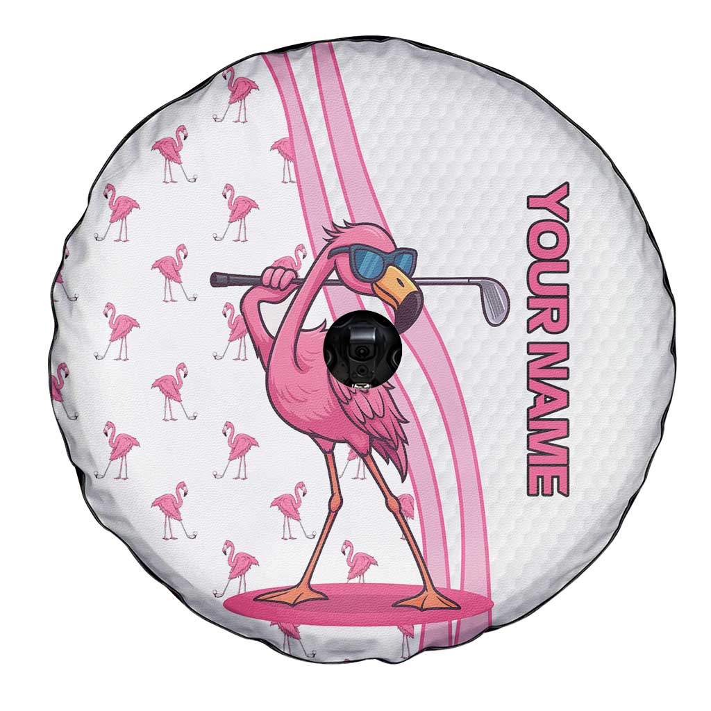 Personalized Pink Flamingo Playing Golf Spare Tire Cover Sunglasses and White Pattern Background Design - Wonder Print Shop