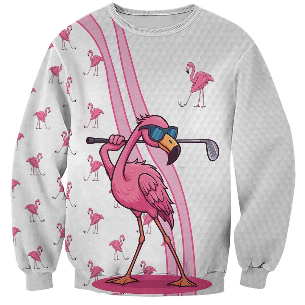 Personalized Pink Flamingo Playing Golf Sweatshirt Sunglasses and White Pattern Background Design - Wonder Print Shop