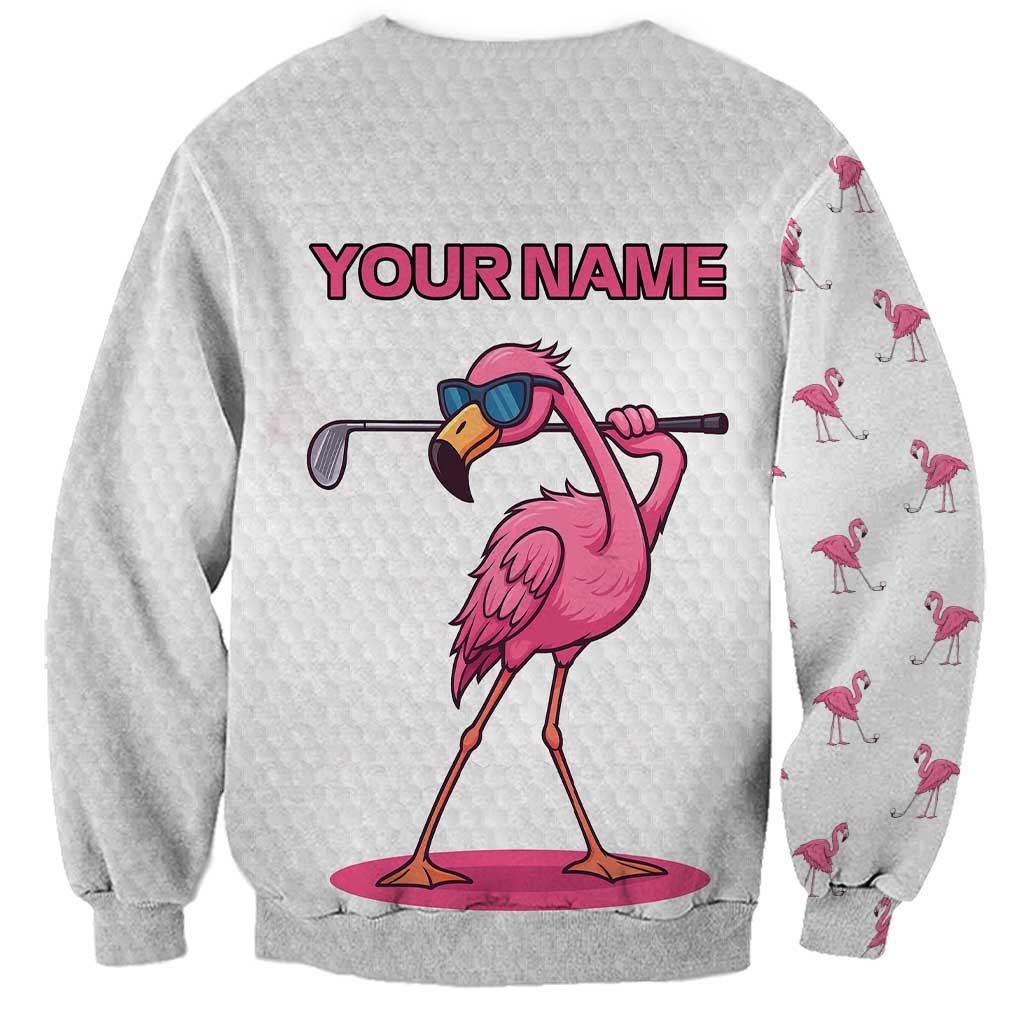 Personalized Pink Flamingo Playing Golf Sweatshirt Sunglasses and White Pattern Background Design - Wonder Print Shop
