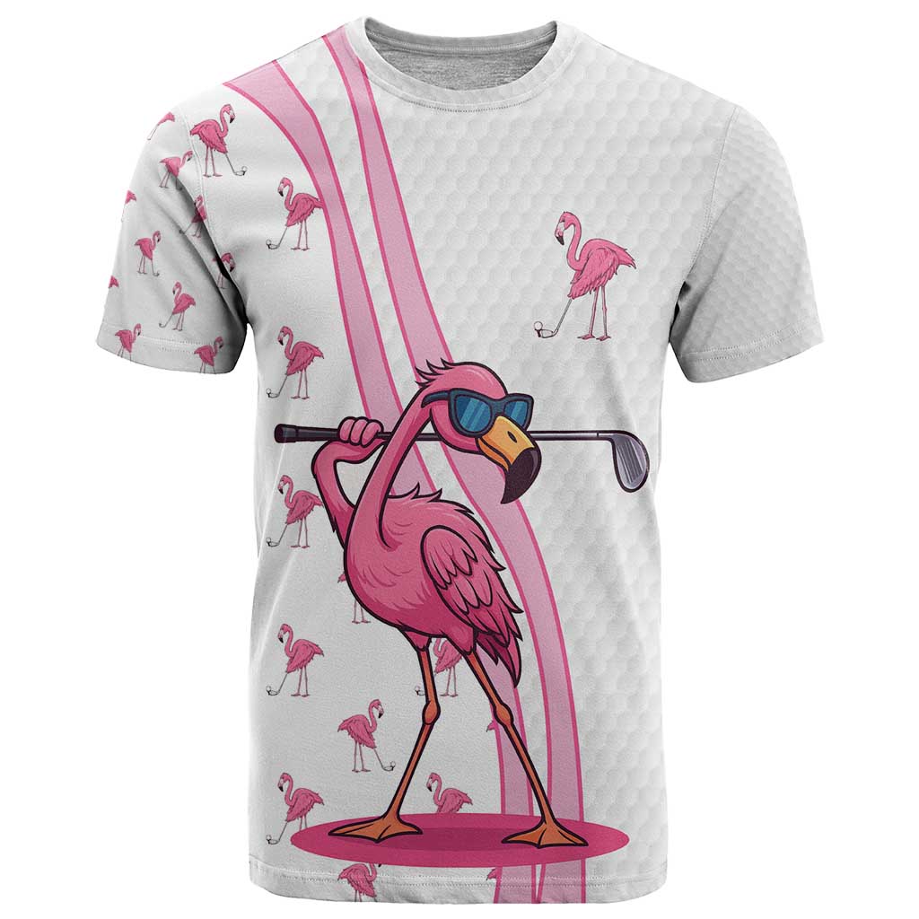 Personalized Pink Flamingo Playing Golf T Shirt Sunglasses and White Pattern Background Design - Wonder Print Shop
