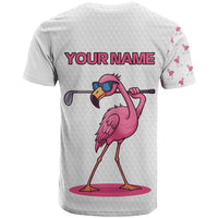 Personalized Pink Flamingo Playing Golf T Shirt Sunglasses and White Pattern Background Design - Wonder Print Shop