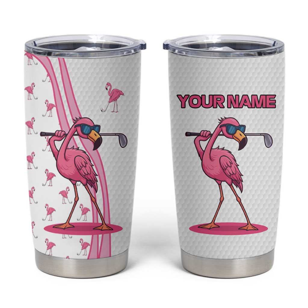 Personalized Pink Flamingo Playing Golf Tumbler Cup Sunglasses and White Pattern Background Design - Wonder Print Shop