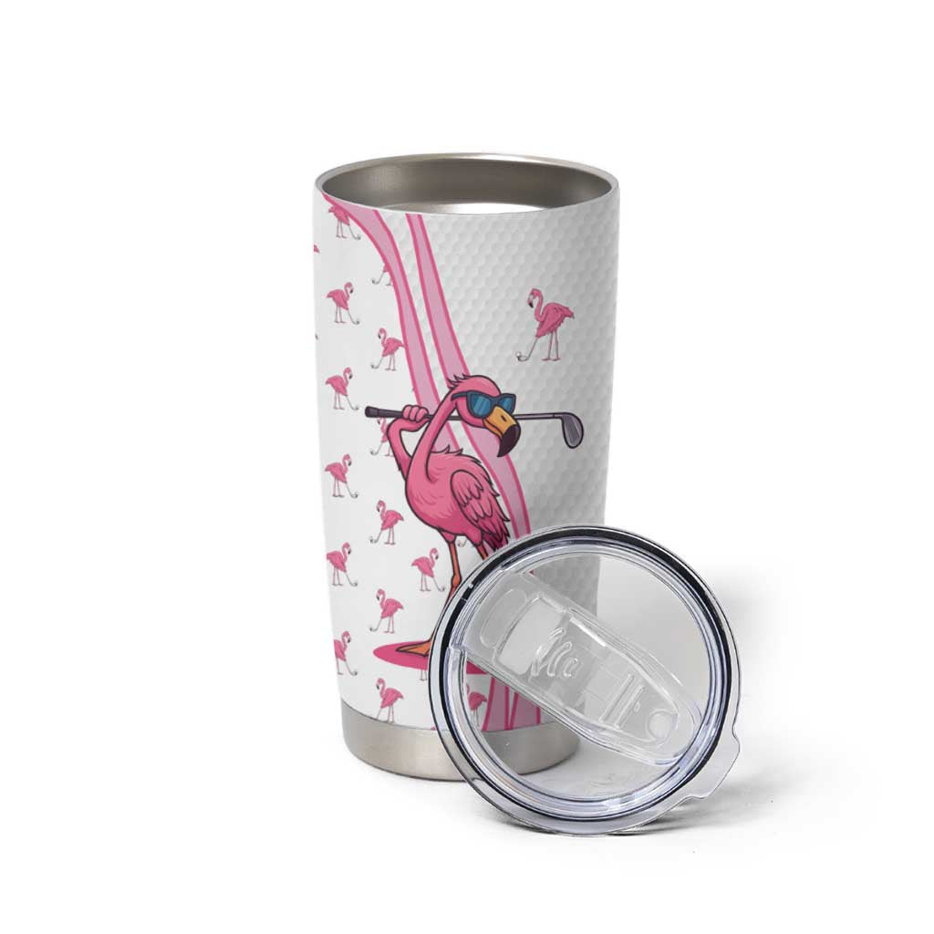 Personalized Pink Flamingo Playing Golf Tumbler Cup Sunglasses and White Pattern Background Design - Wonder Print Shop