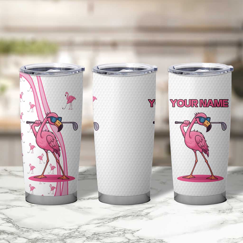 Personalized Pink Flamingo Playing Golf Tumbler Cup Sunglasses and White Pattern Background Design - Wonder Print Shop