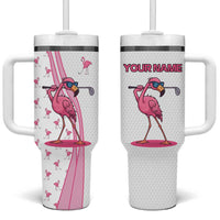 Personalized Pink Flamingo Playing Golf Tumbler With Handle Sunglasses and White Pattern Background Design - Wonder Print Shop