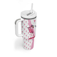 Personalized Pink Flamingo Playing Golf Tumbler With Handle Sunglasses and White Pattern Background Design - Wonder Print Shop