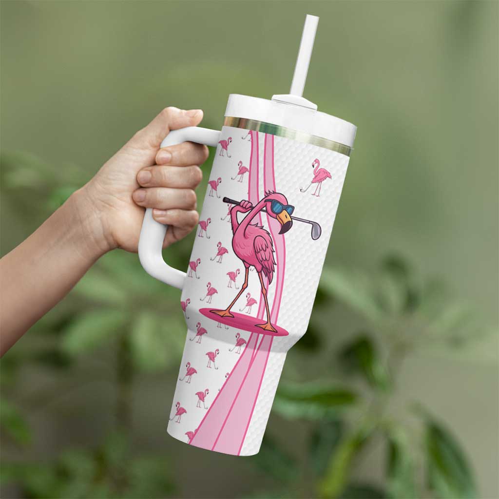 Personalized Pink Flamingo Playing Golf Tumbler With Handle Sunglasses and White Pattern Background Design - Wonder Print Shop