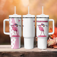 Personalized Pink Flamingo Playing Golf Tumbler With Handle Sunglasses and White Pattern Background Design - Wonder Print Shop