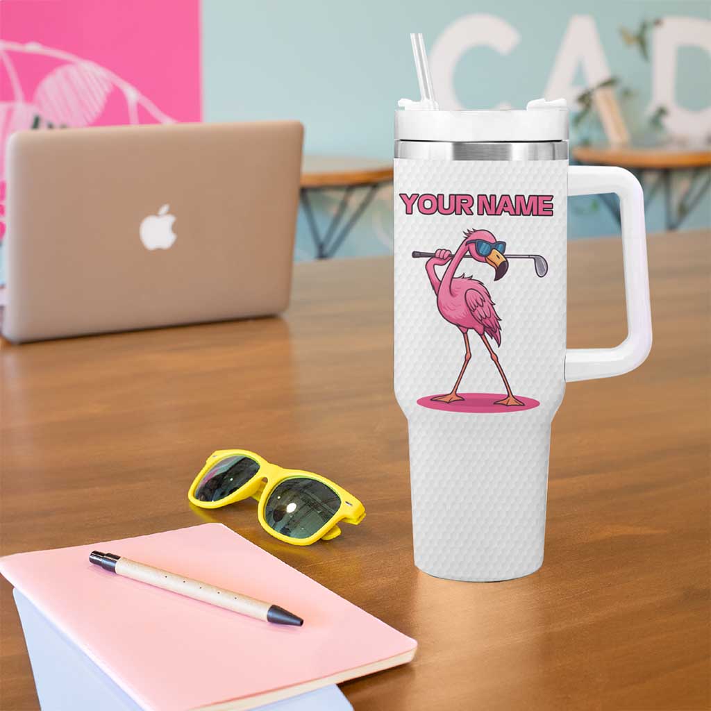 Personalized Pink Flamingo Playing Golf Tumbler With Handle Sunglasses and White Pattern Background Design - Wonder Print Shop