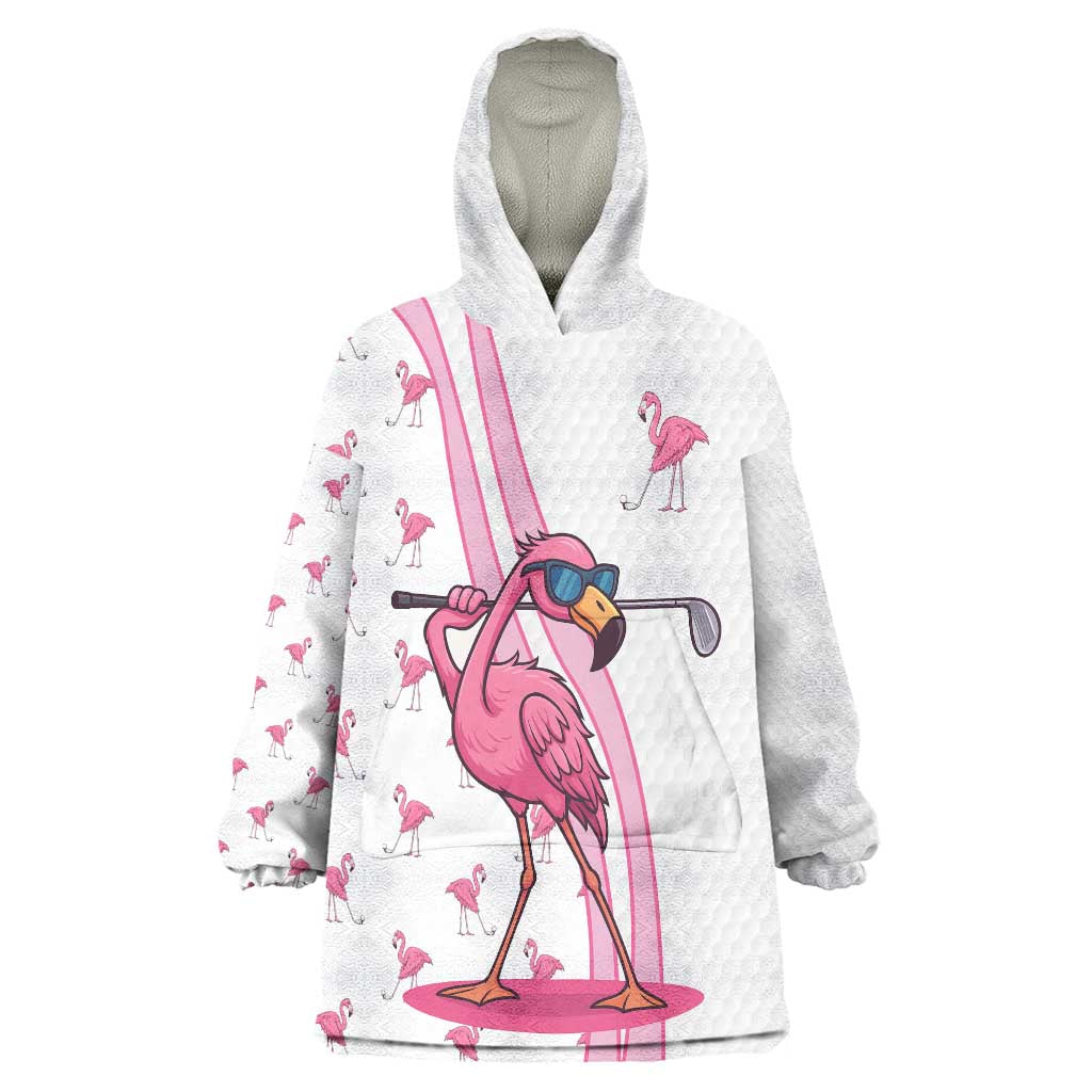 Personalized Pink Flamingo Playing Golf Wearable Blanket Hoodie Sunglasses and White Pattern Background Design - Wonder Print Shop