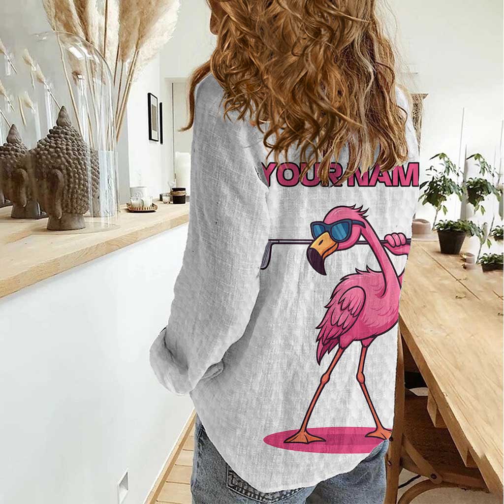 Personalized Pink Flamingo Playing Golf Women Casual Shirt Sunglasses and White Pattern Background Design - Wonder Print Shop