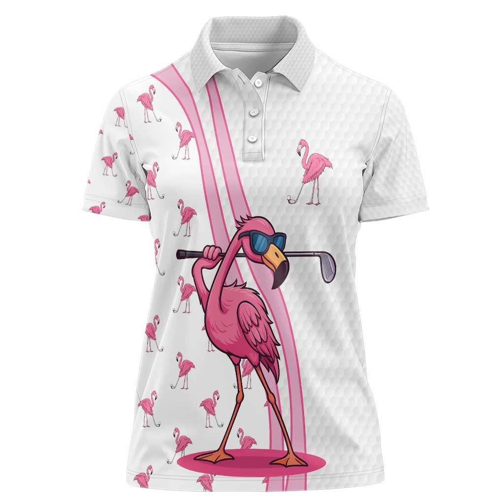 Personalized Pink Flamingo Playing Golf Women Polo Shirt Sunglasses and White Pattern Background Design - Wonder Print Shop