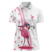 Personalized Pink Flamingo Playing Golf Women Polo Shirt Sunglasses and White Pattern Background Design - Wonder Print Shop