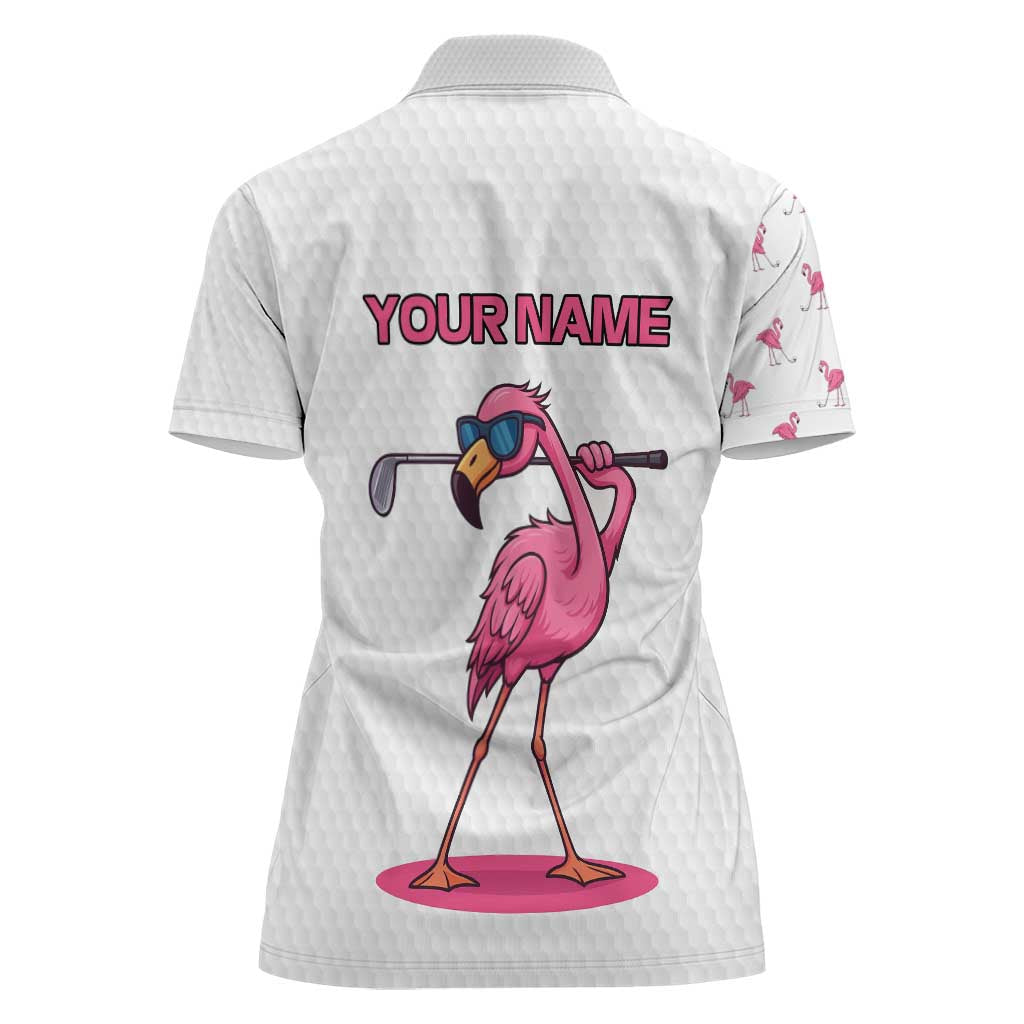 Personalized Pink Flamingo Playing Golf Women Polo Shirt Sunglasses and White Pattern Background Design - Wonder Print Shop