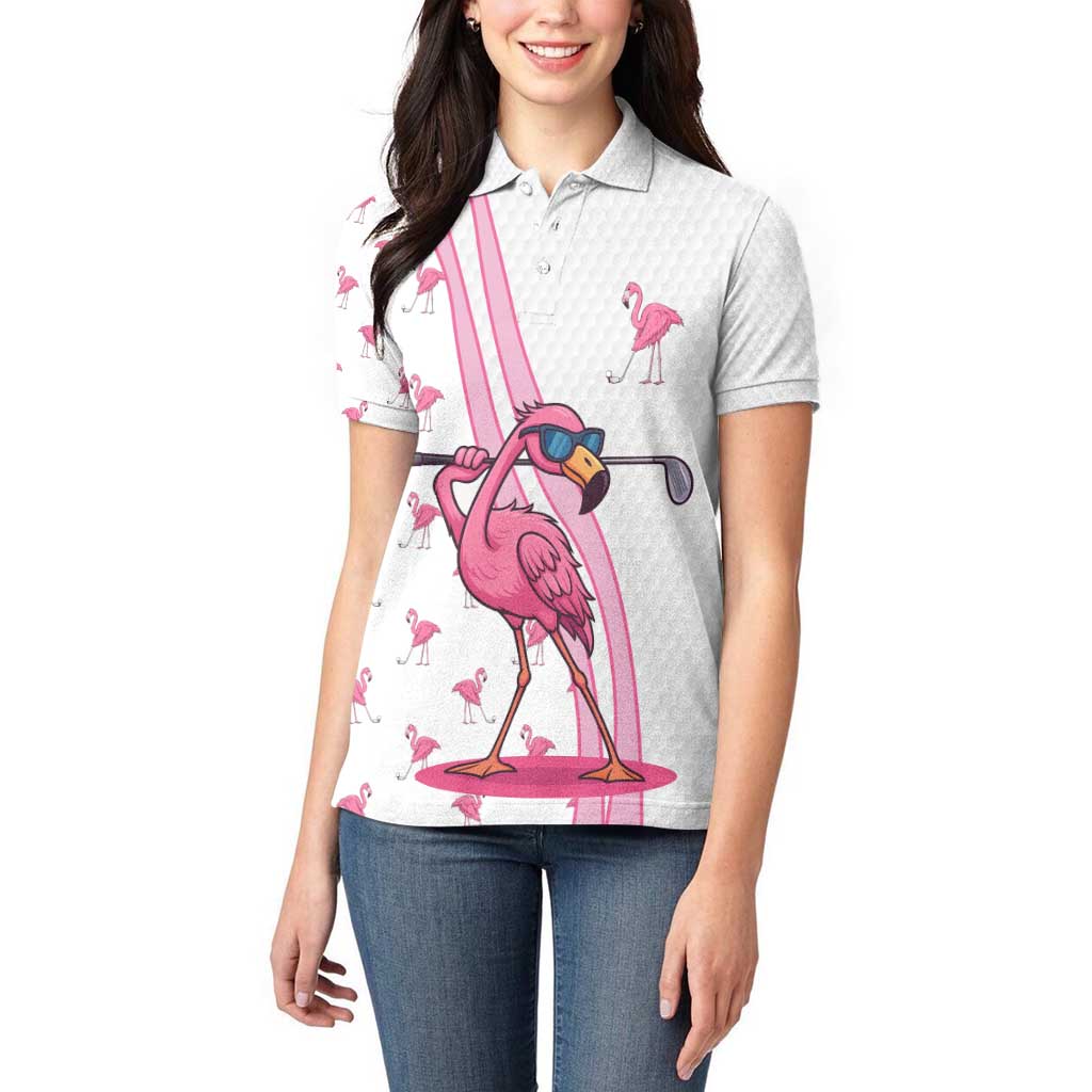 Personalized Pink Flamingo Playing Golf Women Polo Shirt Sunglasses and White Pattern Background Design - Wonder Print Shop