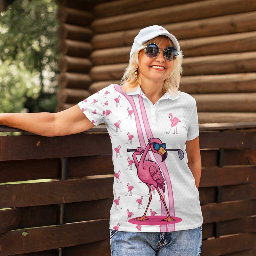 Personalized Pink Flamingo Playing Golf Women Polo Shirt Sunglasses and White Pattern Background Design - Wonder Print Shop