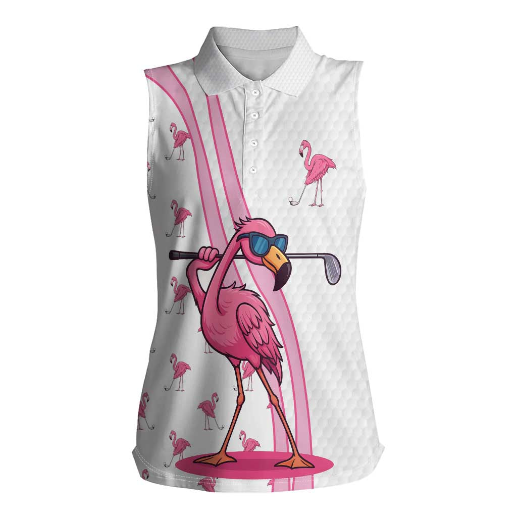Personalized Pink Flamingo Playing Golf Women Sleeveless Polo Shirt Sunglasses and White Pattern Background Design - Wonder Print Shop