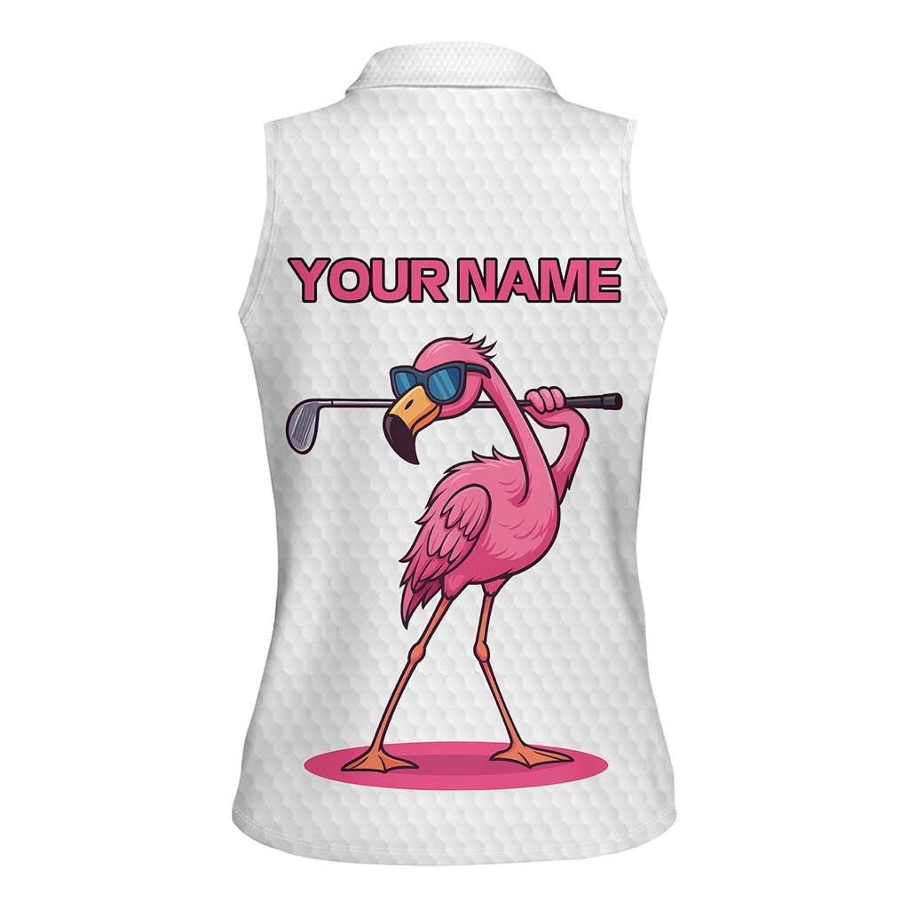 Personalized Pink Flamingo Playing Golf Women Sleeveless Polo Shirt Sunglasses and White Pattern Background Design - Wonder Print Shop