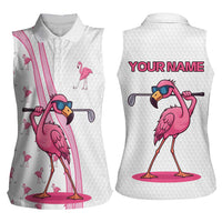 Personalized Pink Flamingo Playing Golf Women Sleeveless Polo Shirt Sunglasses and White Pattern Background Design - Wonder Print Shop