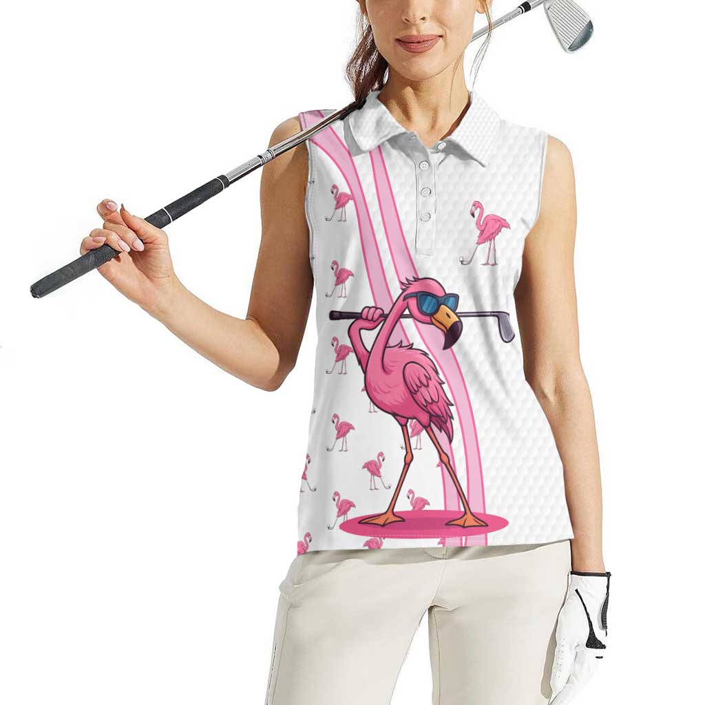 Personalized Pink Flamingo Playing Golf Women Sleeveless Polo Shirt Sunglasses and White Pattern Background Design - Wonder Print Shop