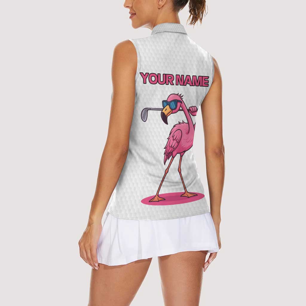 Personalized Pink Flamingo Playing Golf Women Sleeveless Polo Shirt Sunglasses and White Pattern Background Design - Wonder Print Shop