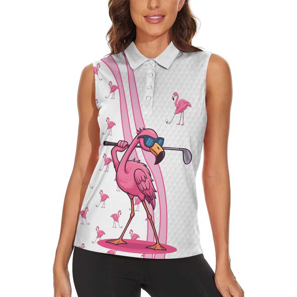 Personalized Pink Flamingo Playing Golf Women Sleeveless Polo Shirt Sunglasses and White Pattern Background Design - Wonder Print Shop