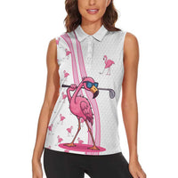 Personalized Pink Flamingo Playing Golf Women Sleeveless Polo Shirt Sunglasses and White Pattern Background Design - Wonder Print Shop